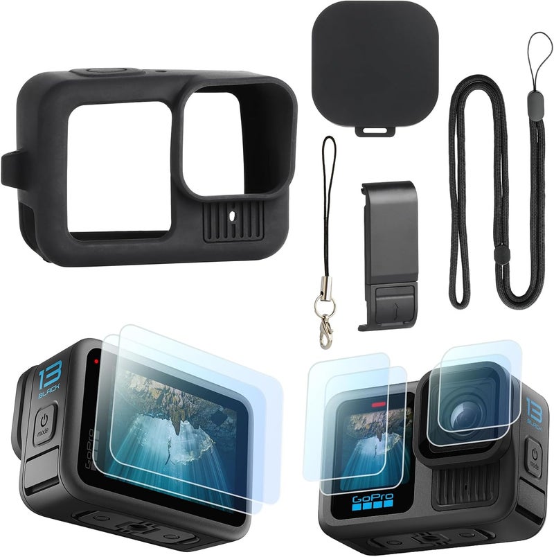HSU Silicone Sleeve Case for GoPro Hero 13 Black, Battery Side Cover & Screen Protectors & Lens Caps & Lanyard, GoPro Hero 13 Black Accessories Kit - Image 1